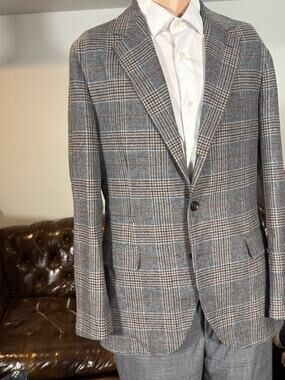 Brunello Cucinelli Wool Cashmere Houndstooth Gray Orange Blazer 48EU 38RUS Tweed